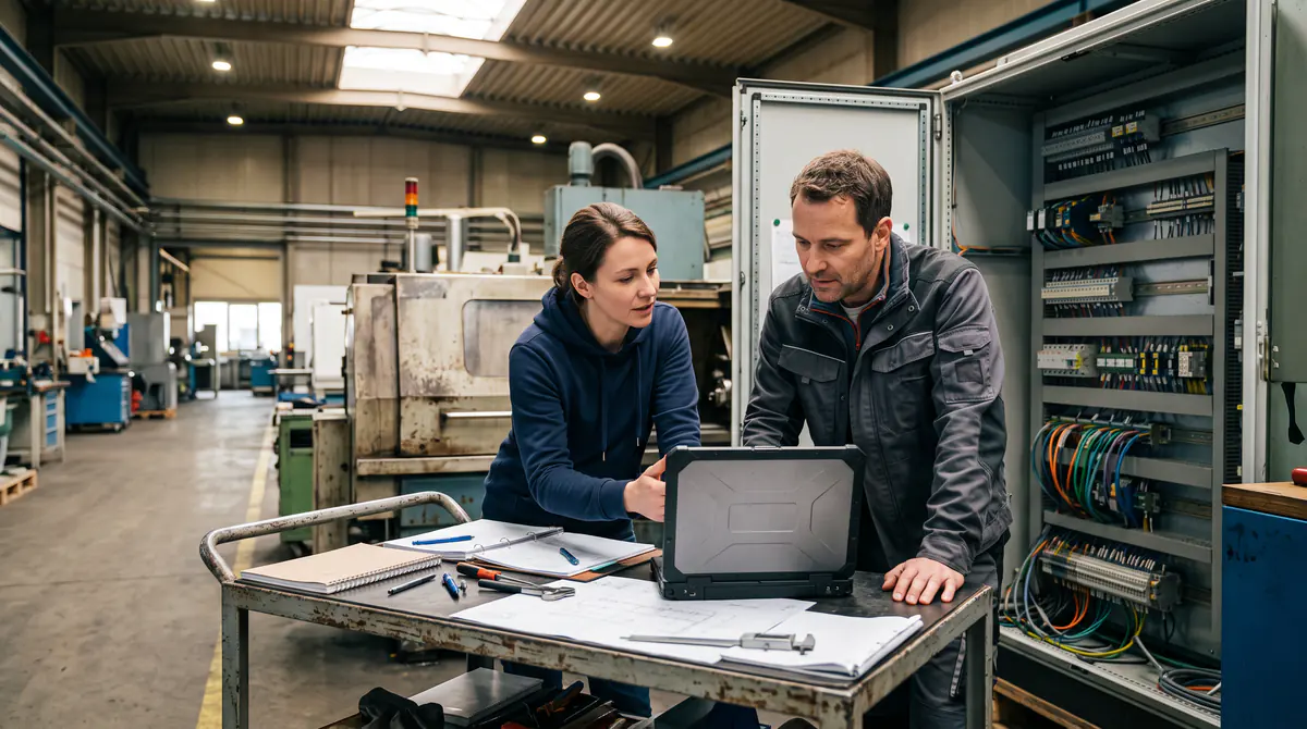 Softwareentwicklerin und Produktionsingenieur prüfen eine Integration an der Maschine