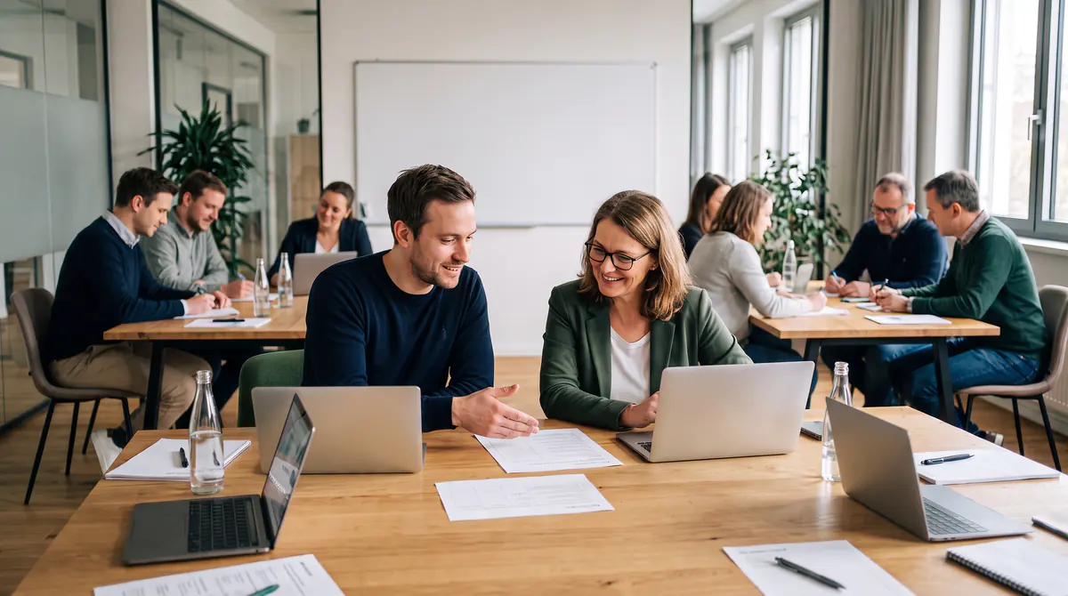 Mitarbeitende aus Fachabteilungen arbeiten im Praxis-Workshop zusammen