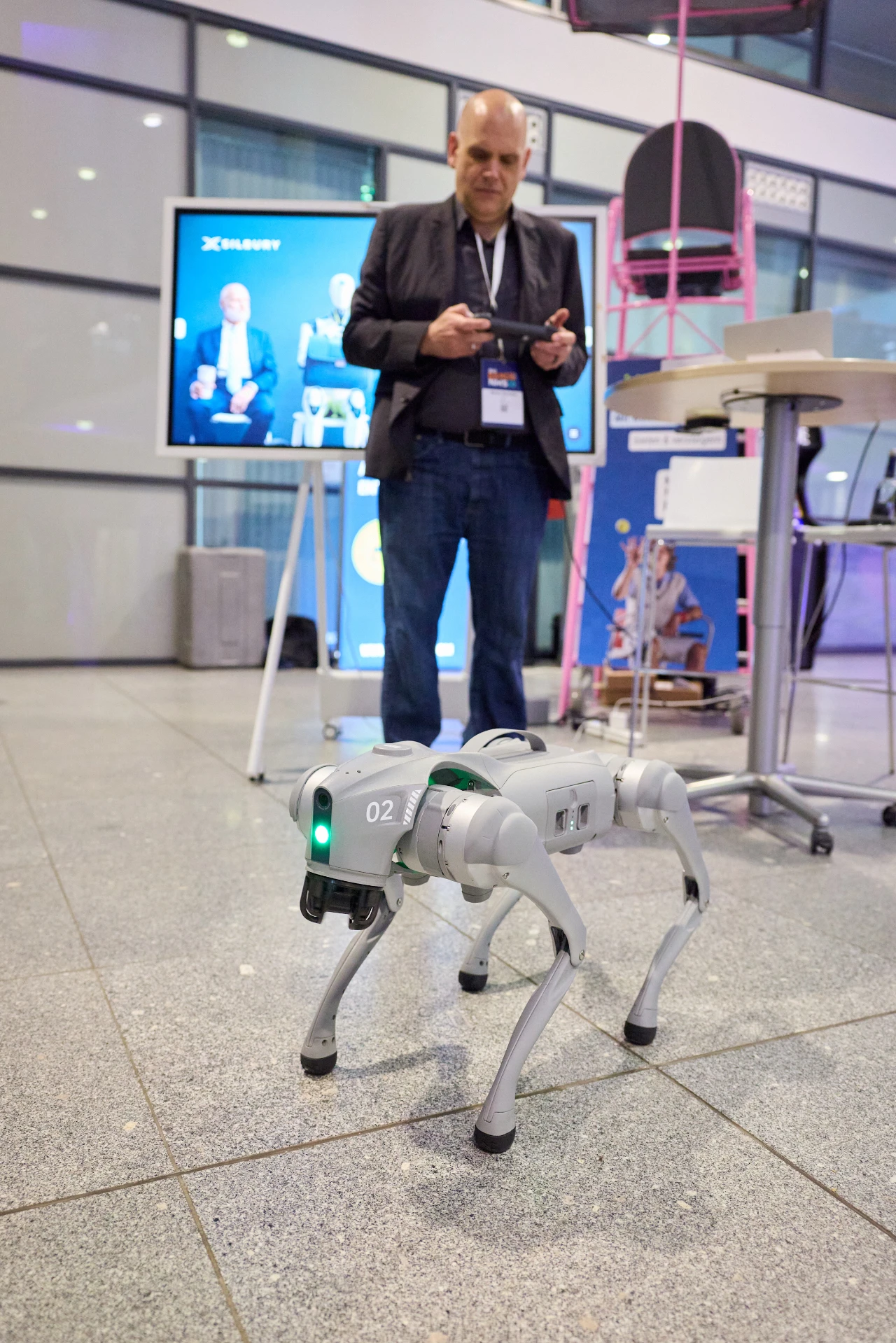Close-up of the Simba prototype with an active sensor light during a live demonstration