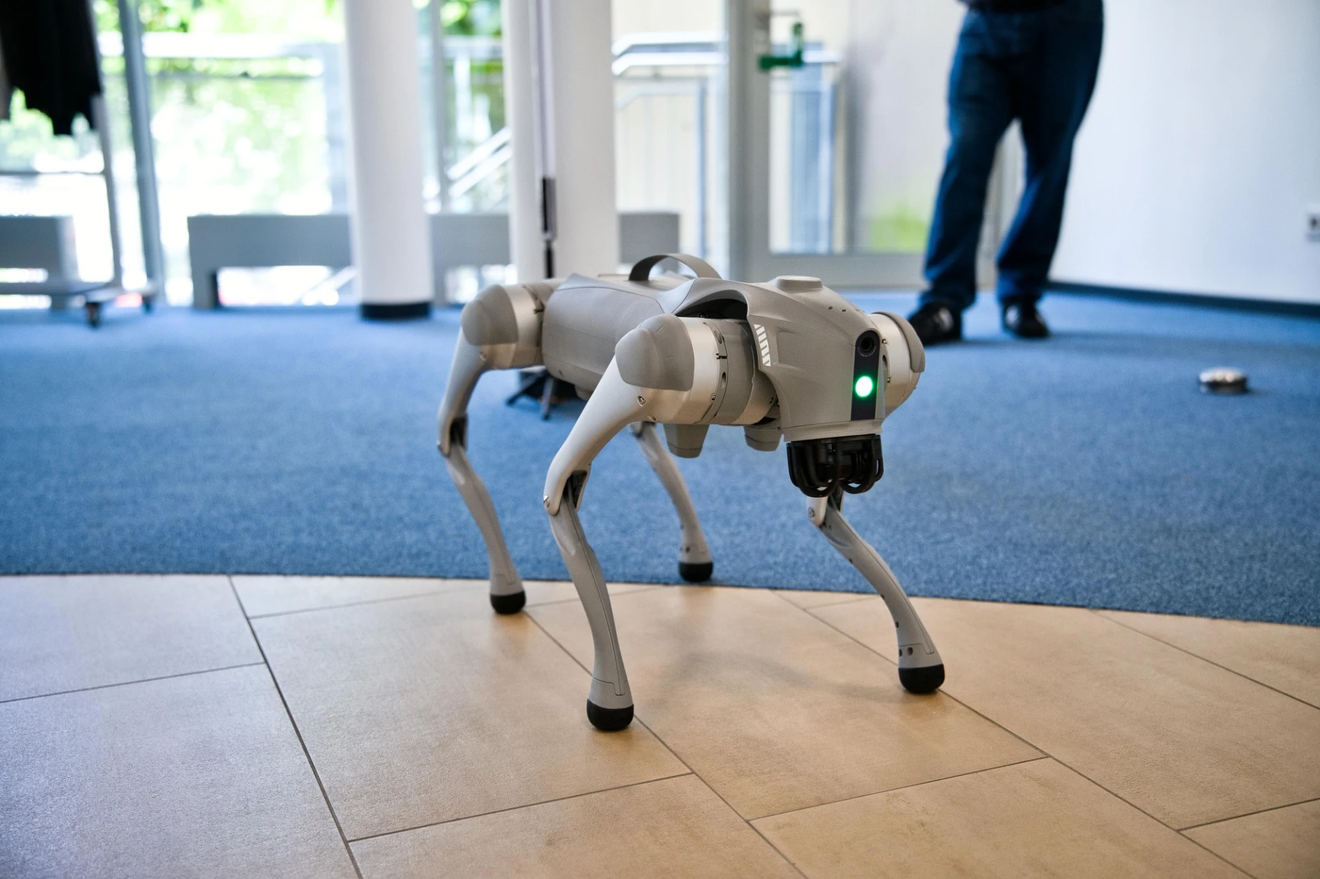 Simba moving autonomously through a building corridor