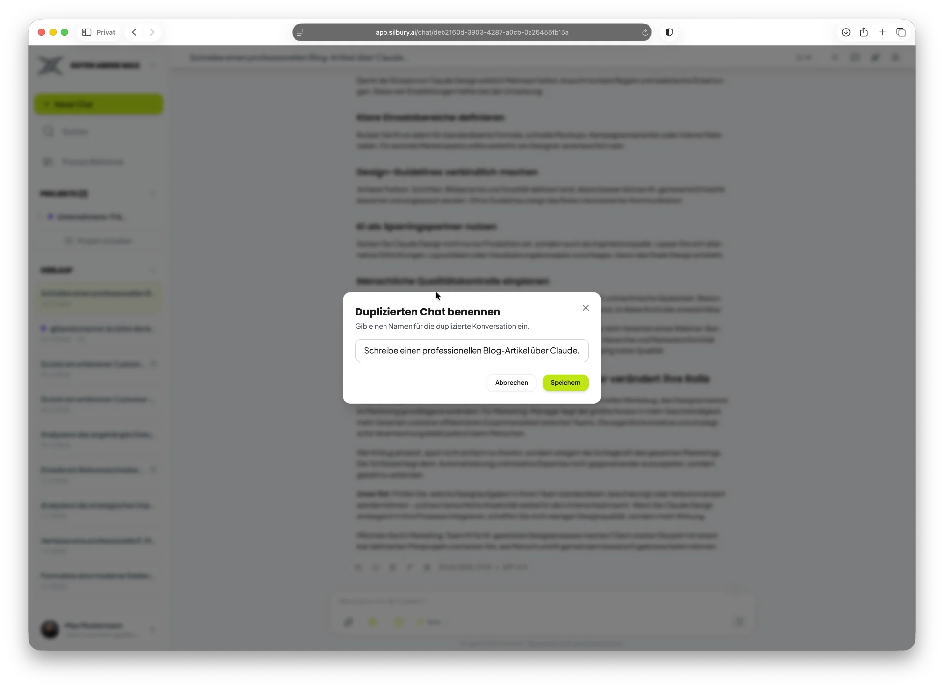 Chat-Verzweigungen in Silbury AI